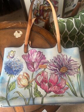Brighton Floral Leather Tote in Light Blue with Tan Handles